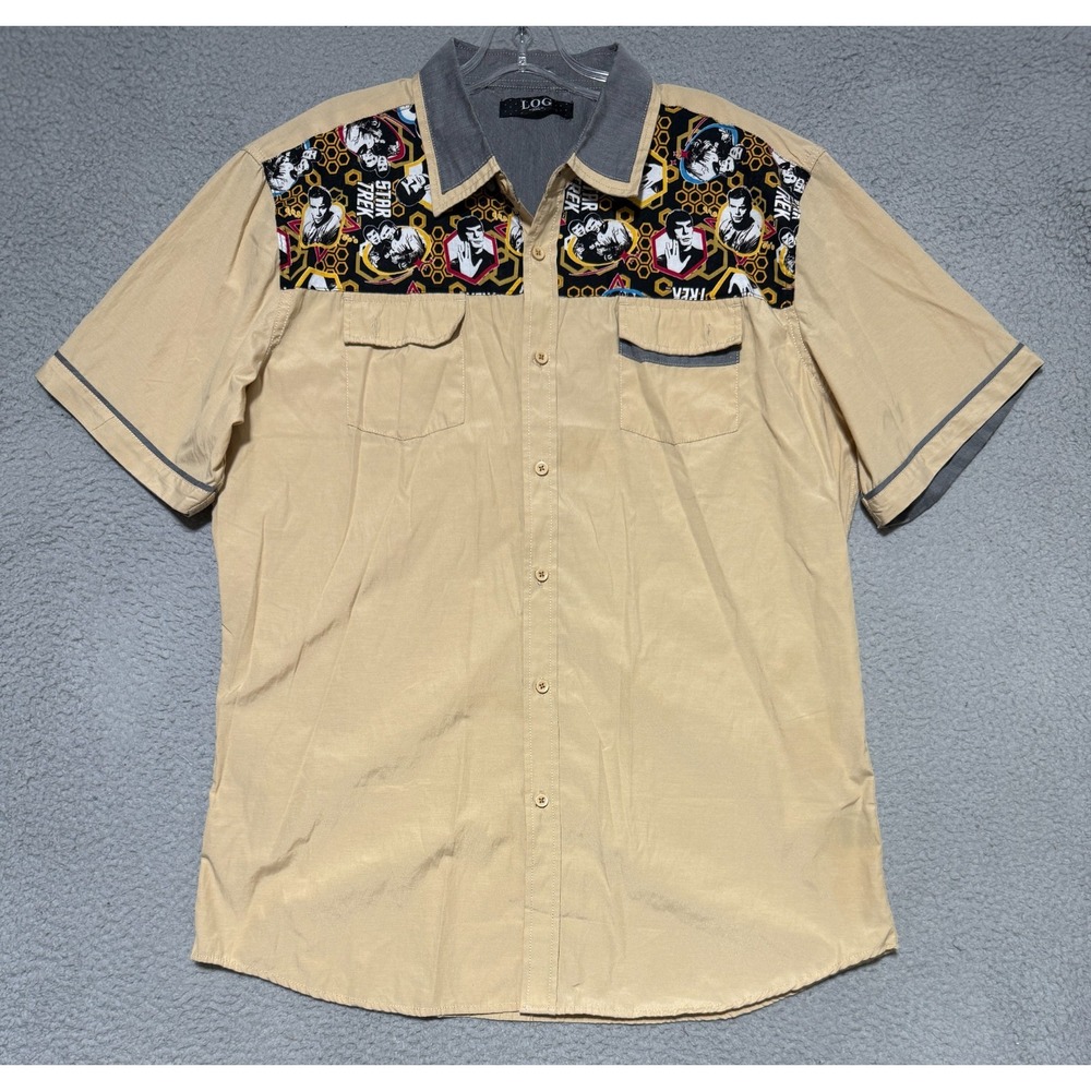 LOG brand short sleeve button shirt Mens 2XL (Fits XL) Beige Star Trek print